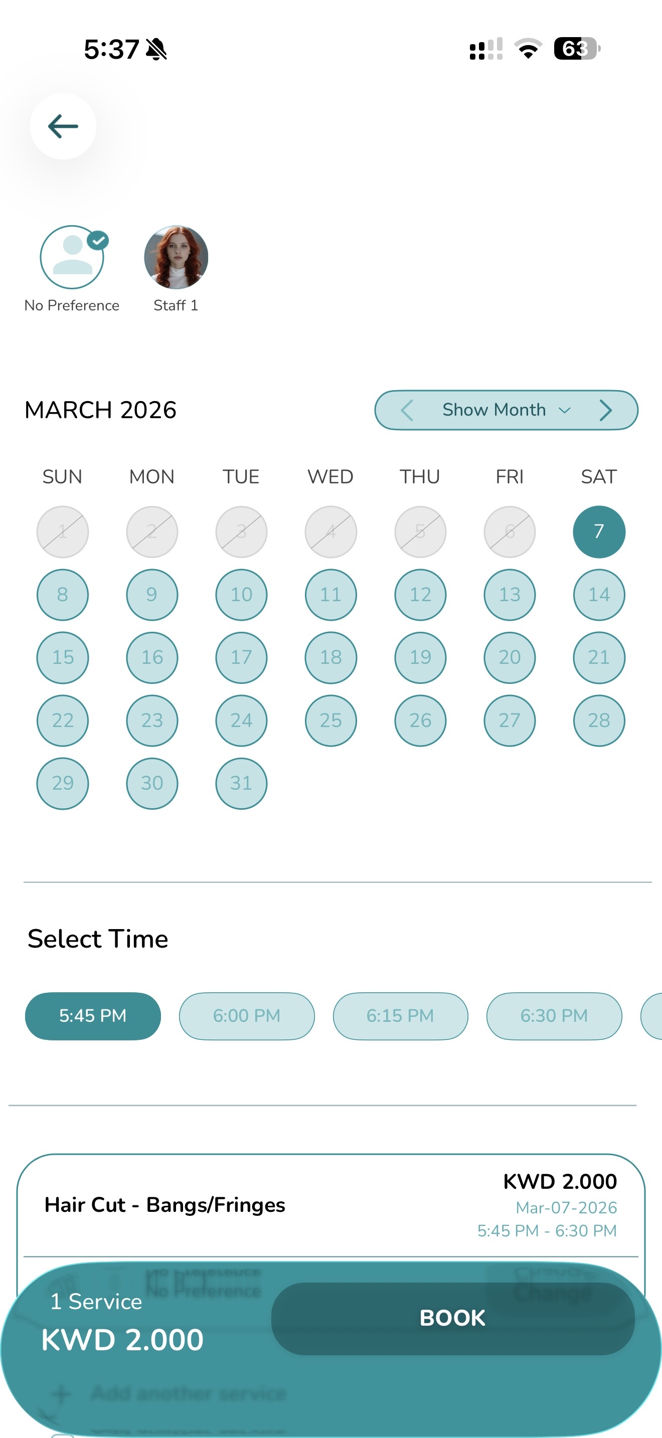 BookMe profile screen