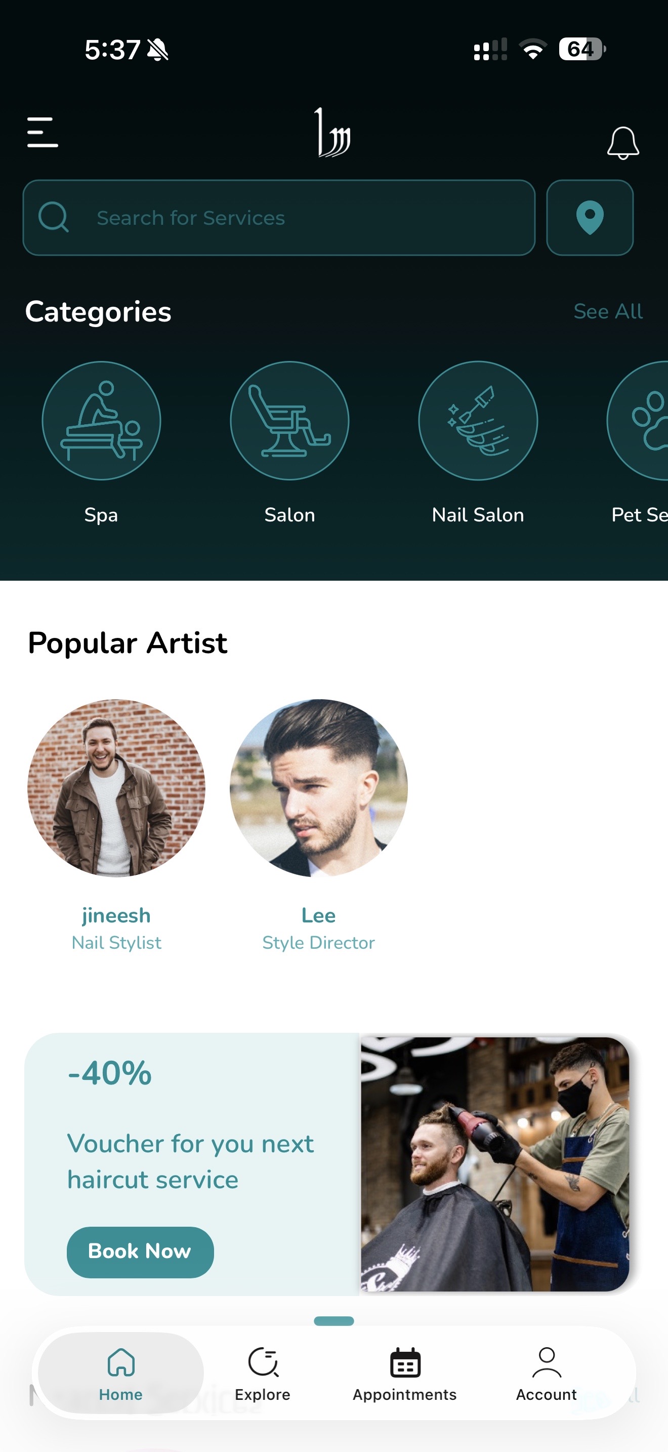 BookMe category screen